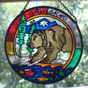 Alaska Bear Fish Vibrant Stained Glass Art Vintage